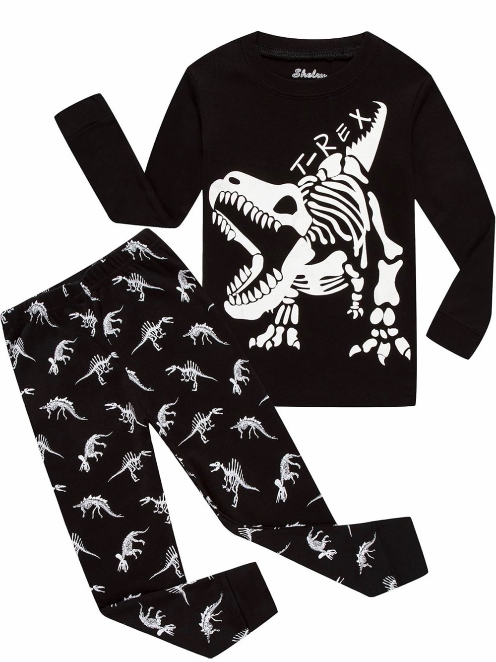 Kids Black T-Rex Skeleton Pajama Set Glow in the dark 4T